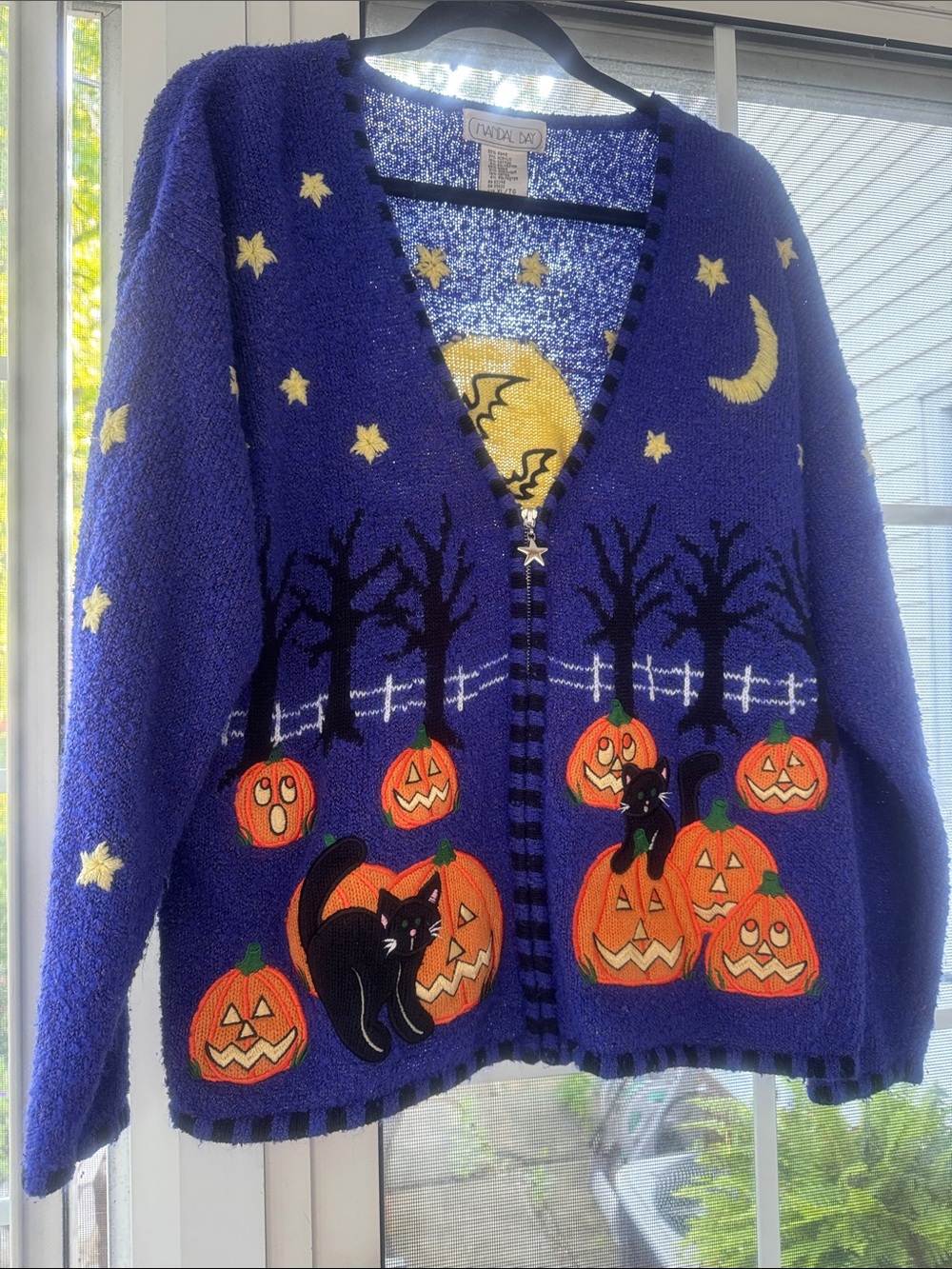 Mandal Bay Vintage 90s Halloween Zip Knit Cardigan Pumpkin Black Cat Bats XL - Picture 2 of 9